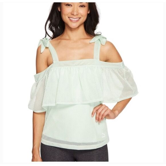 NWT Womens Puma Mint Green Spray Mesh Xtreme Off-Shoulder Top - Sz S - Picture 2 of 4